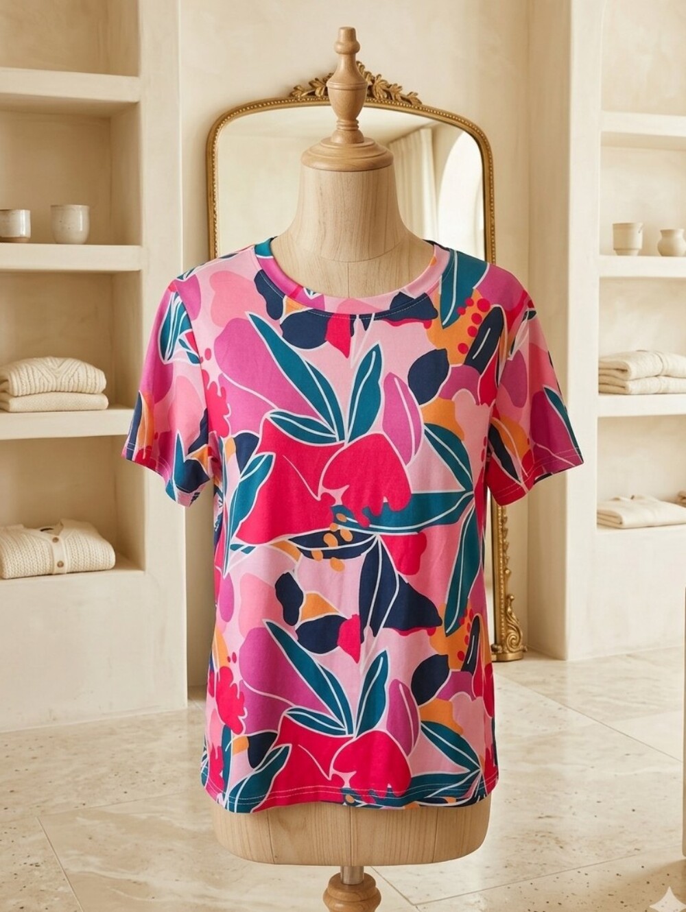 Emery Rose XL Bright Tropical Floral Short Sleeve Stretch Top